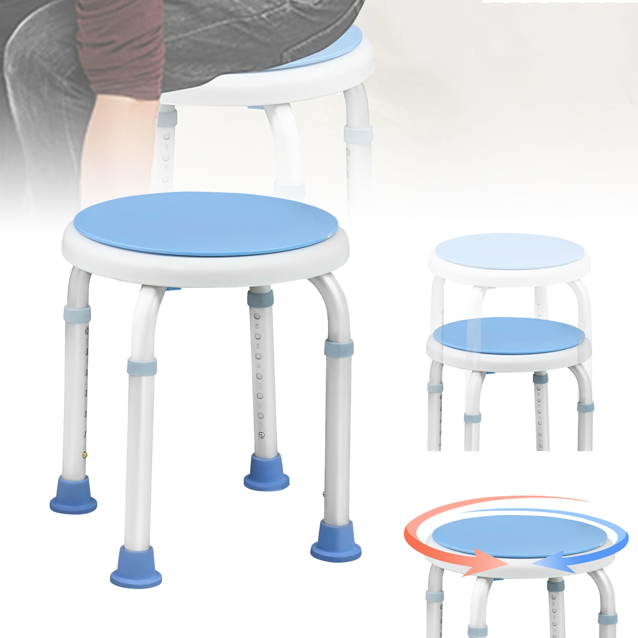 Height Adjustable Shower Stool, 360° Swivel, 136 kg, Aluminium and Plastic Shower Seat for Seniors and Pregnant Women