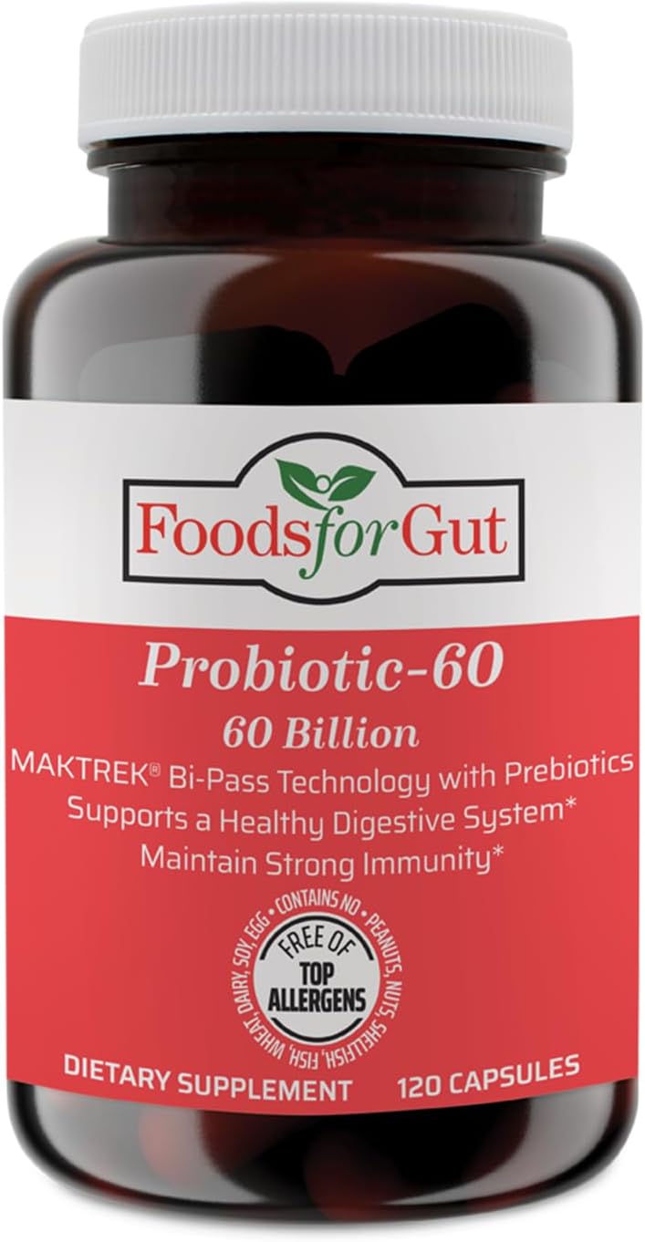 Foods For Gut Probiotic Capsules 60 Billion Cfu's | MAKTrek Bipass Technology | Digestive & Immune Support 120 Capsules