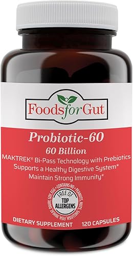 Foods For Gut Cápsulas probióticas de 60 mil millones de ufc Tecnología MAKTrek Bipass Apoyo digestivo e inmunológico 120 cápsulas