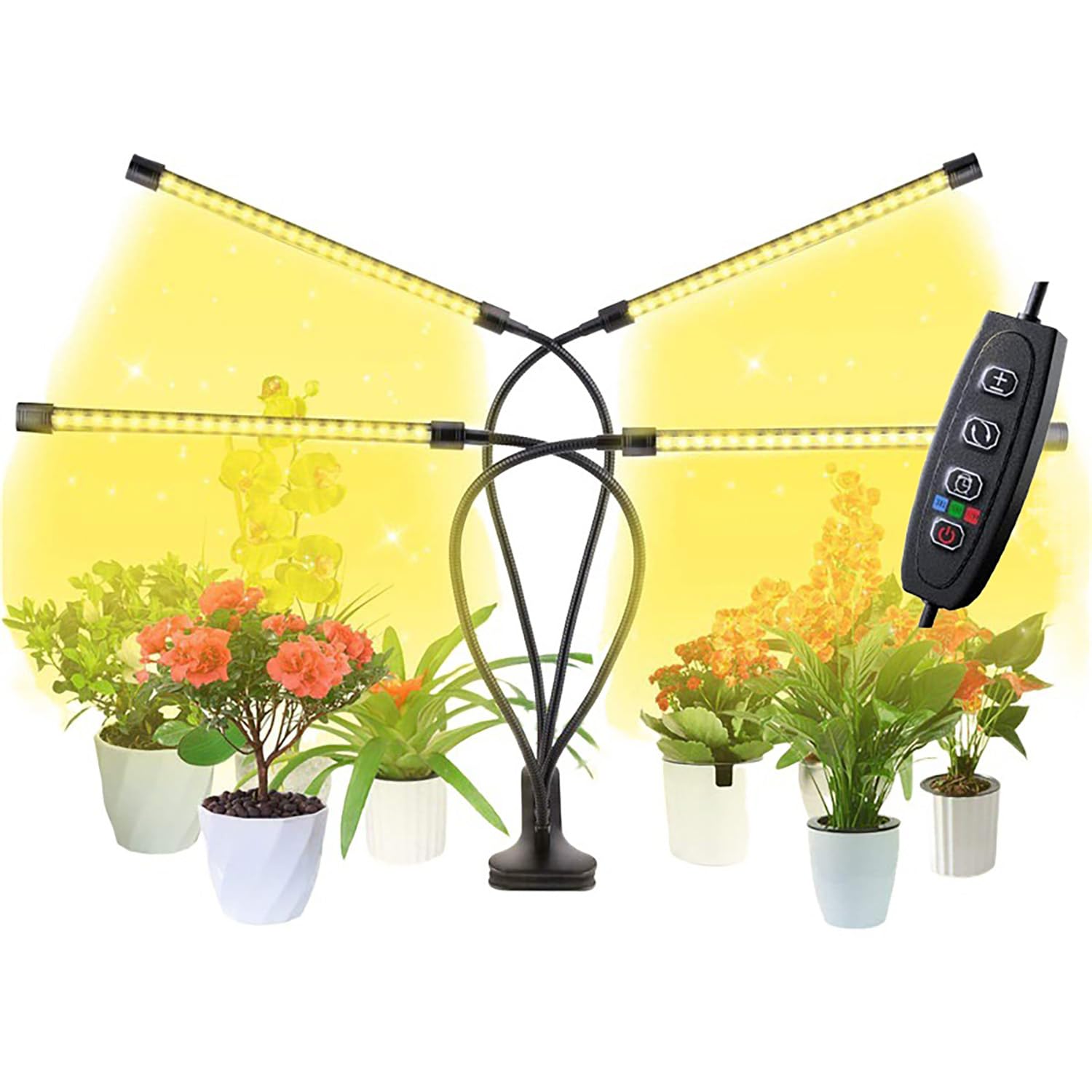 Luces LED de crecimiento, 4 cabezales de espectro completo con abrazadera para plantas de interior y inicio de semillas, 10 niveles regulables, encendido automático, tiempo 3, 9 y 12 horas