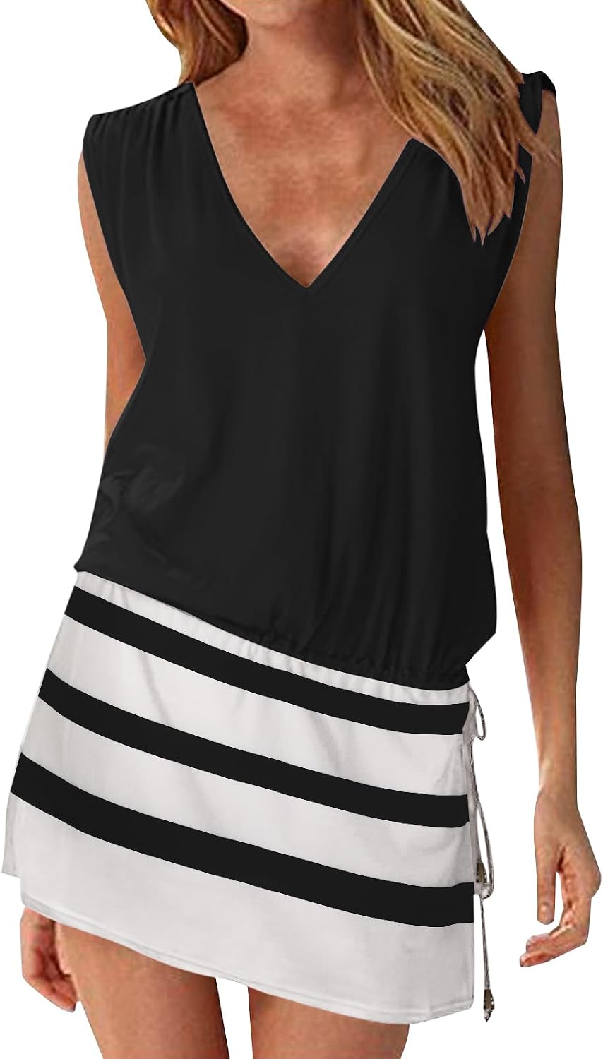 Hount Women's Beach Swimsuit Cover up Deep V-Neck Short Mini Dress Beach Skirt