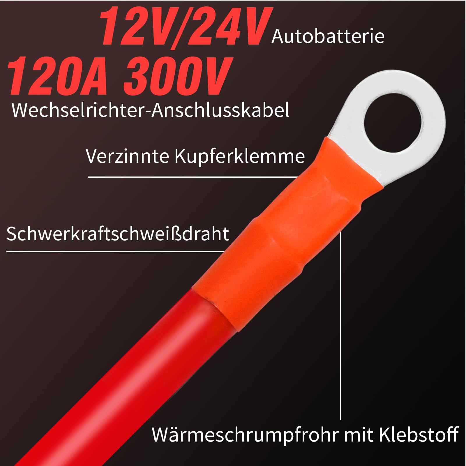 25mm² 100cm 3AWG Batteriekabel mit M8/M10 Ringkabelschuhen, 120A 300V Wechselrichter-Anschlusskabel, Kupferkabel für 12V/24V Autobatterie