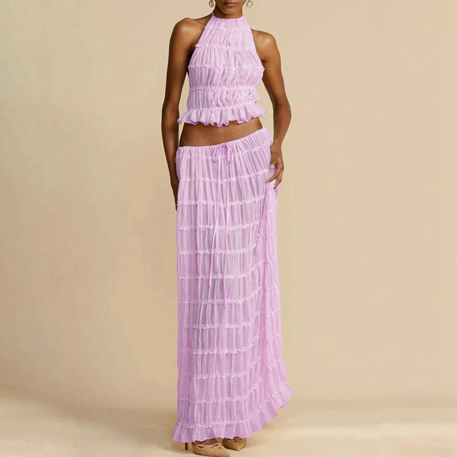 Vestido de verano 2026 elegante de gasa plisada con cuello y cuentas de madera para mujer, vestido de invitada de boda, vestido de fiesta