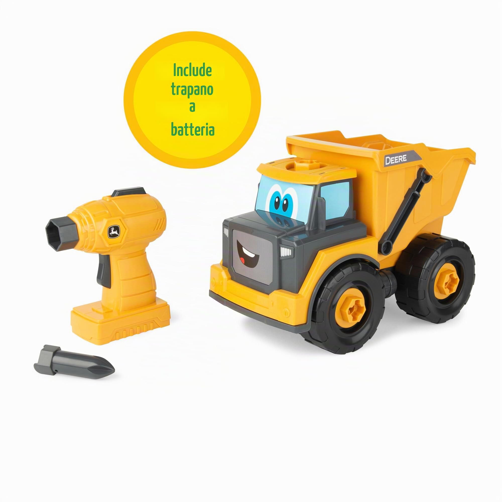 BUILD-A-BUDDY John Deere Bizak, Johnny Trattore Costruisce il Camion di Colore Giallo, icluye 18 Pezzi, un Trapano elettrico e la sua punta da trapano, con Grandi Parti preparate per i bambini +18