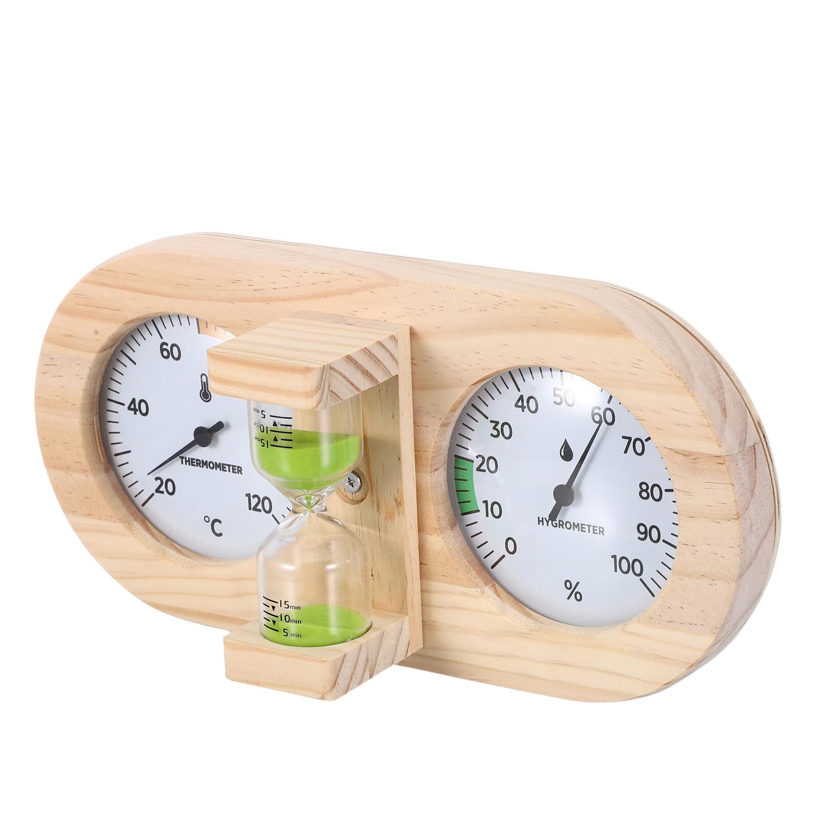 VALICLUD Sauna Thermometer Hygrometer Holz Grün Analoges Celsius Messgerät mit 15 Minuten Sanduhr Hochtemperaturbeständig für Sauna Spa und Badezimmer