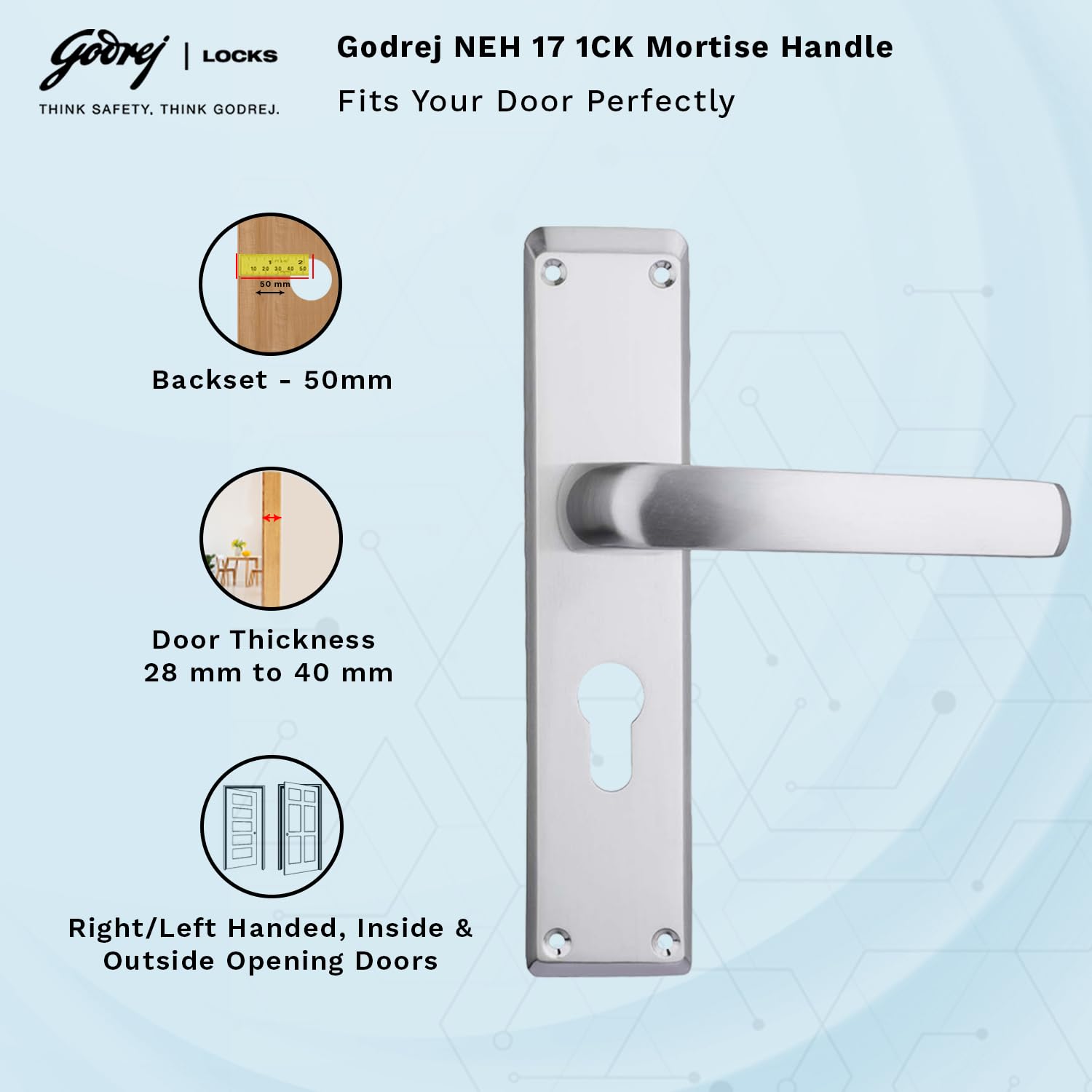 Godrej Mortise Door Lock Handle Set | 200mm NEH-17 1CK Europrofile | 5 Pin Brass Tumbler Mechanism 60mm | Suitable for Left & Right Handed Doors | Satin Steel Finish | 1 Year Warranty 3