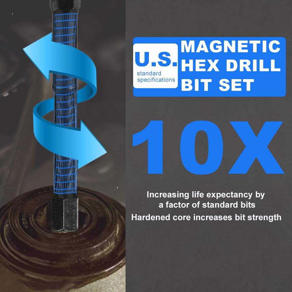 10-Piece Impact Allen Key Drill Bit Set - 4-Inch Long Hex Bit Set (SAE), Magnetic Head, S2 Alloy Steel, 1/4'' Hex-Shank, for DIY Furniture Assembly & Car Repairs, by DCWecher
