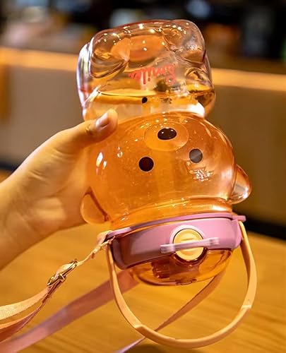 Miniatura 7 de JRIQH Botella de agua Kawaii Bear a prueba de fugas con correa de hombro ajustable y extraíble para niños y niñas (café)