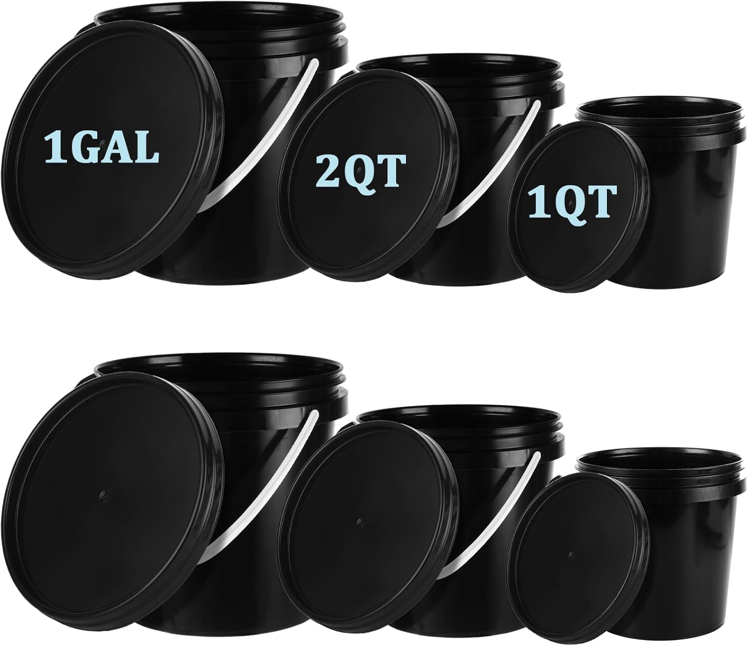 Acrux7 6 Pack Plastic Paint Containers with Lids, 1 Gallon (2) + 2 Quart (2) + 1 Quart (2) Empty Paints Buckets with Handles, Small Pastic Paint Cans Container for Leftover Paint, Crafts, Arts