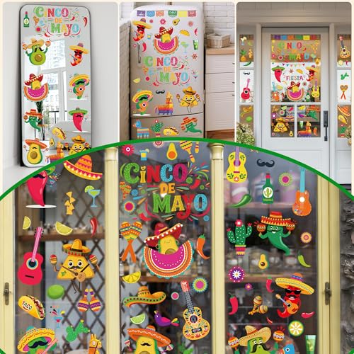 Image of 72 PCS Cinco De Mayo Decorations, 9 Sheets Cinco De Mayo Window Clings, Double-Sided Mexican Stickers with Tacos Guitars Cactus Peppers Designs, Fiesta Party Decor for Window Glass Home Store