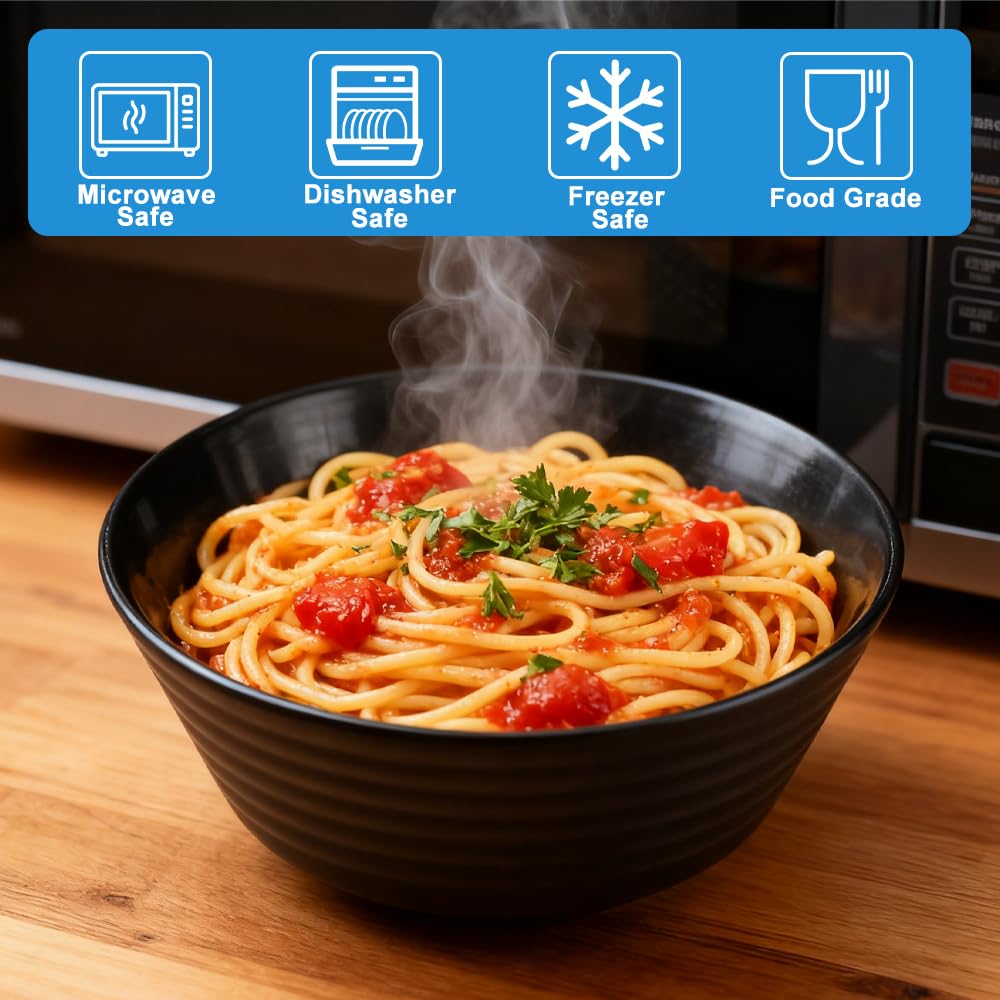Set di 6 Ciotole 17.5cm Ciotola di Plastica Nera Riutilizzabile Ciotole Colazione Grande per Contenere Cereali, Insalate, Pasta e Picnic, Adatto al Microonde e alla lavastoviglie 800 ml