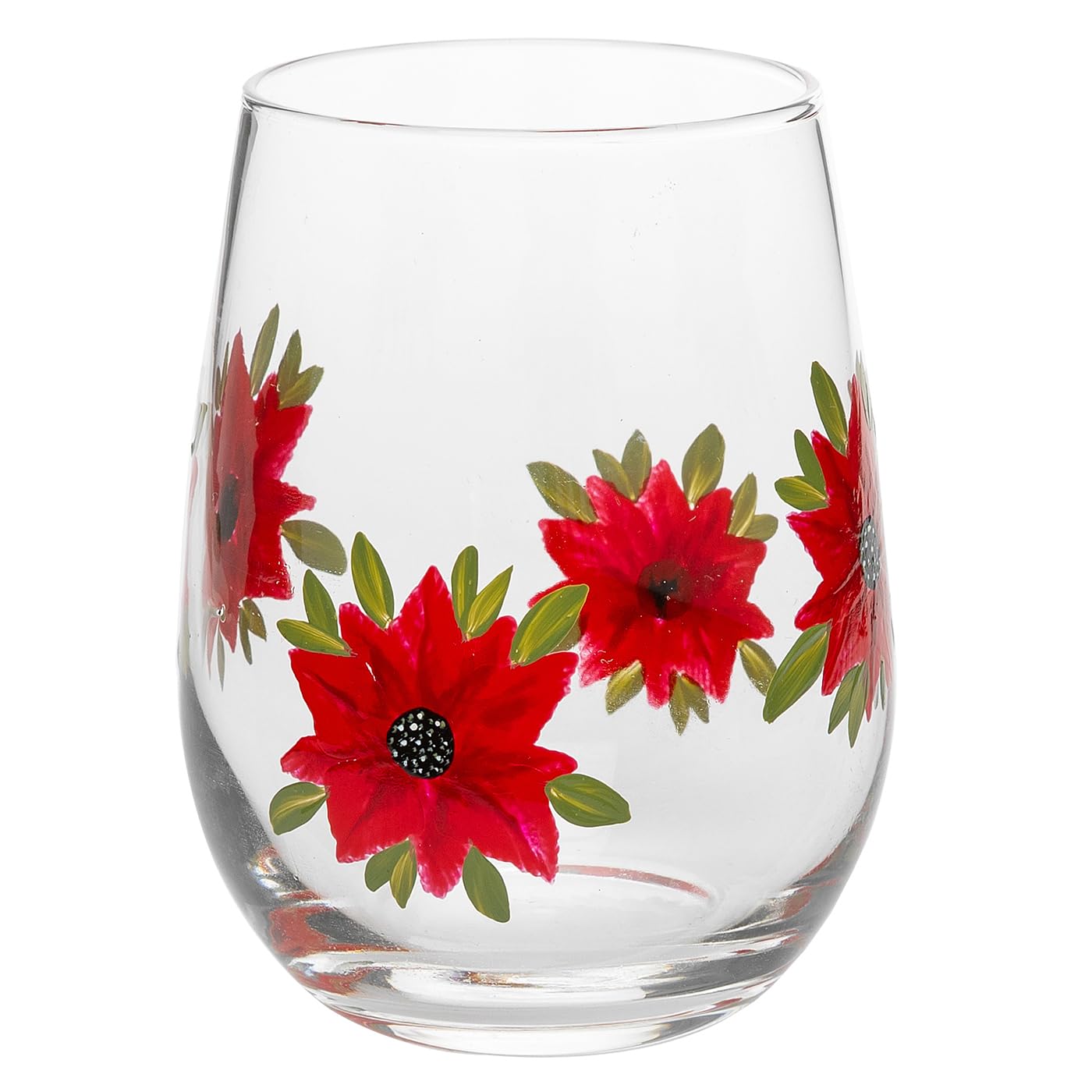 Shudehill Giftware East West Christmas My Favourite Glass Hand Painted Stemless Gin Glass - Robin, Poinsettia or Mistletoe & Berry Xmas (Poinsettia)