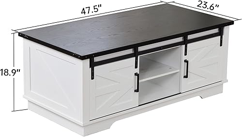 Miniatura 2 de Winlice Coffee Table, Rustic Farmhouse Aesthetic, Four Sliding Barn Doors with Double Storage Cabinets, Adjustable Shelf Board, Premium Textured
