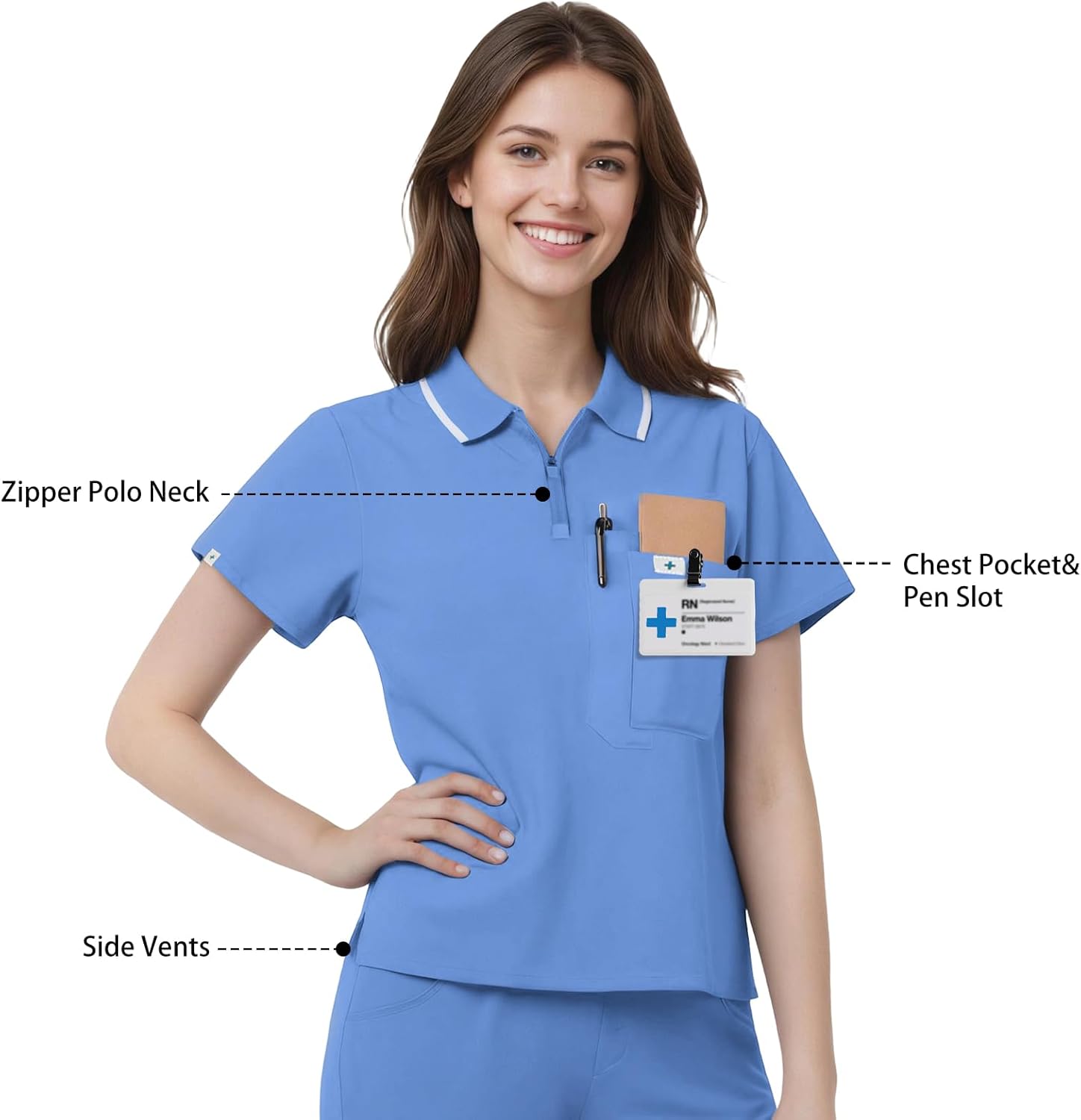 Medical Scrubs for Women Top, Zipper Front Polo Scrub Top, Shirt for Women, One Chest Pocket, 4 Way Stretch - Image 4
