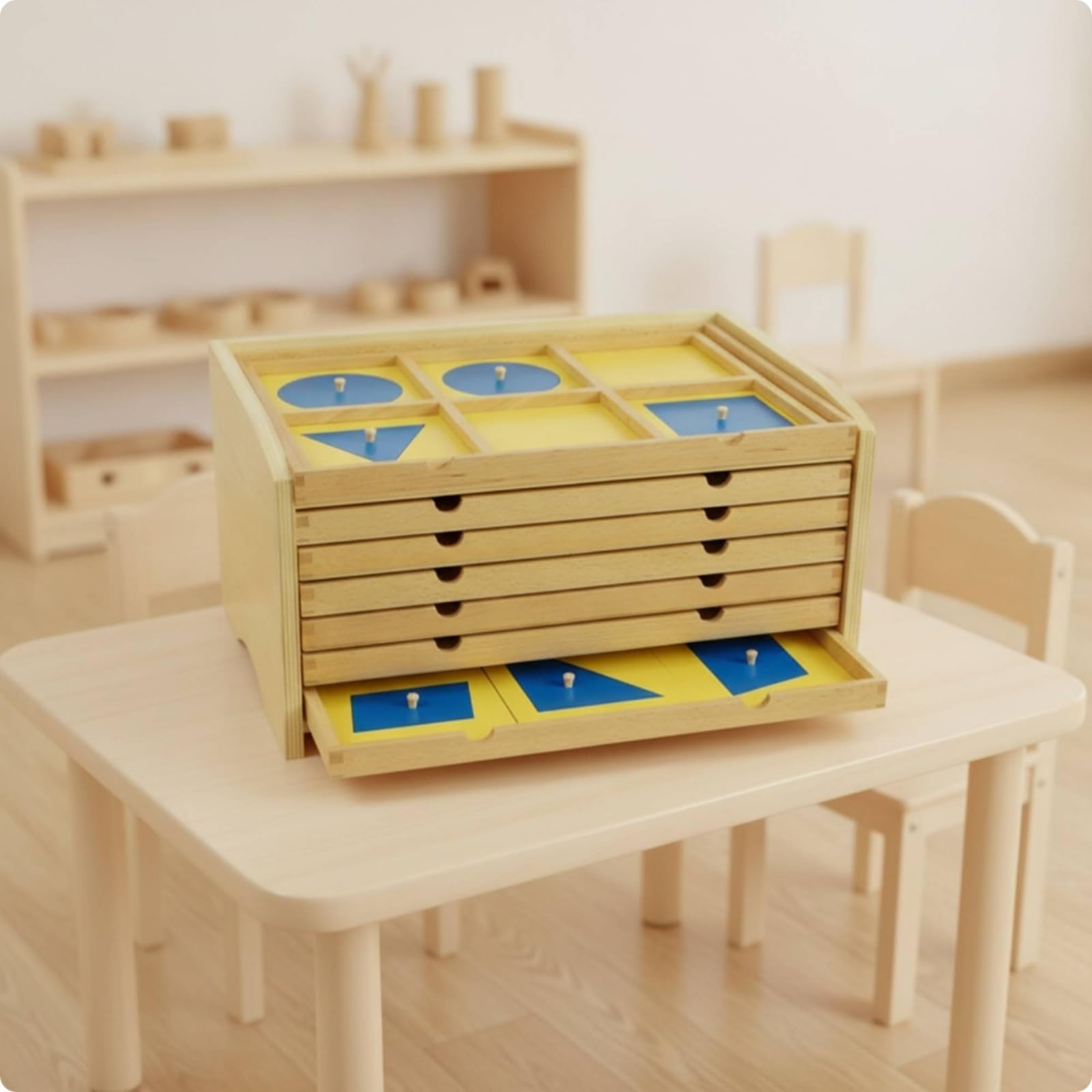 Geometrico Cassettiera Didattica Armadietto Educativo Mobile Educativo in Legno con Pannelli Gialli E Forme Rimovibili Adatto per Bambini Scuola Homeschooling Aula