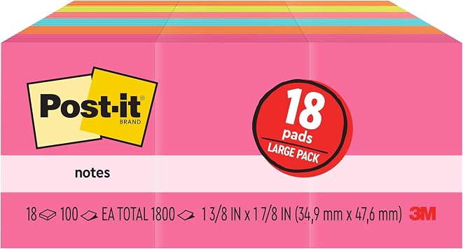 Post-it Mini Notes, 1 3/8 in. x 1 7/8 in., 18 Sticky Notes Pads, 100 Sheets per Pad, Poptimistic Collection, School Supplies and Office Products, The Original Post-it Note