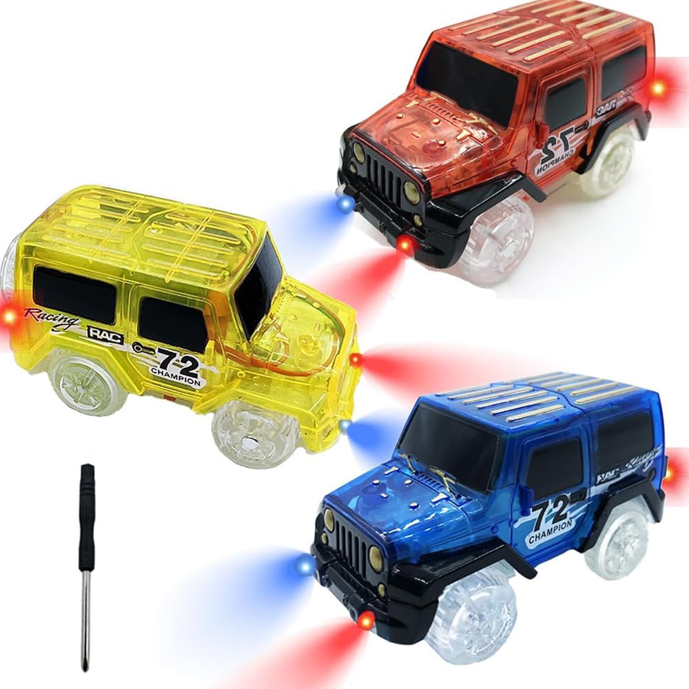Kusikid Tracks Cars Replacement with LED Light Glow Car Toys, Glow in The Dark, Race Car Track Compatible with Car Tracks Toys for Kids for Boy Girl Age 3-12 Years Old(3PCS)