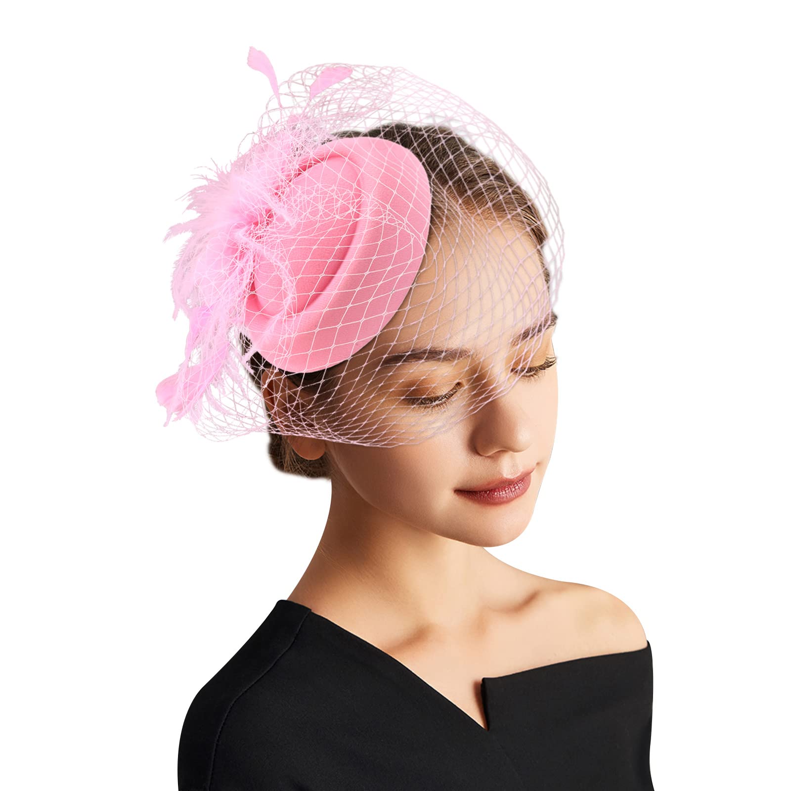 DRESHOW Fascinator Hats for Women Pillbox Hat with Veil Headband and a Forked Clip Tea Party Headwear