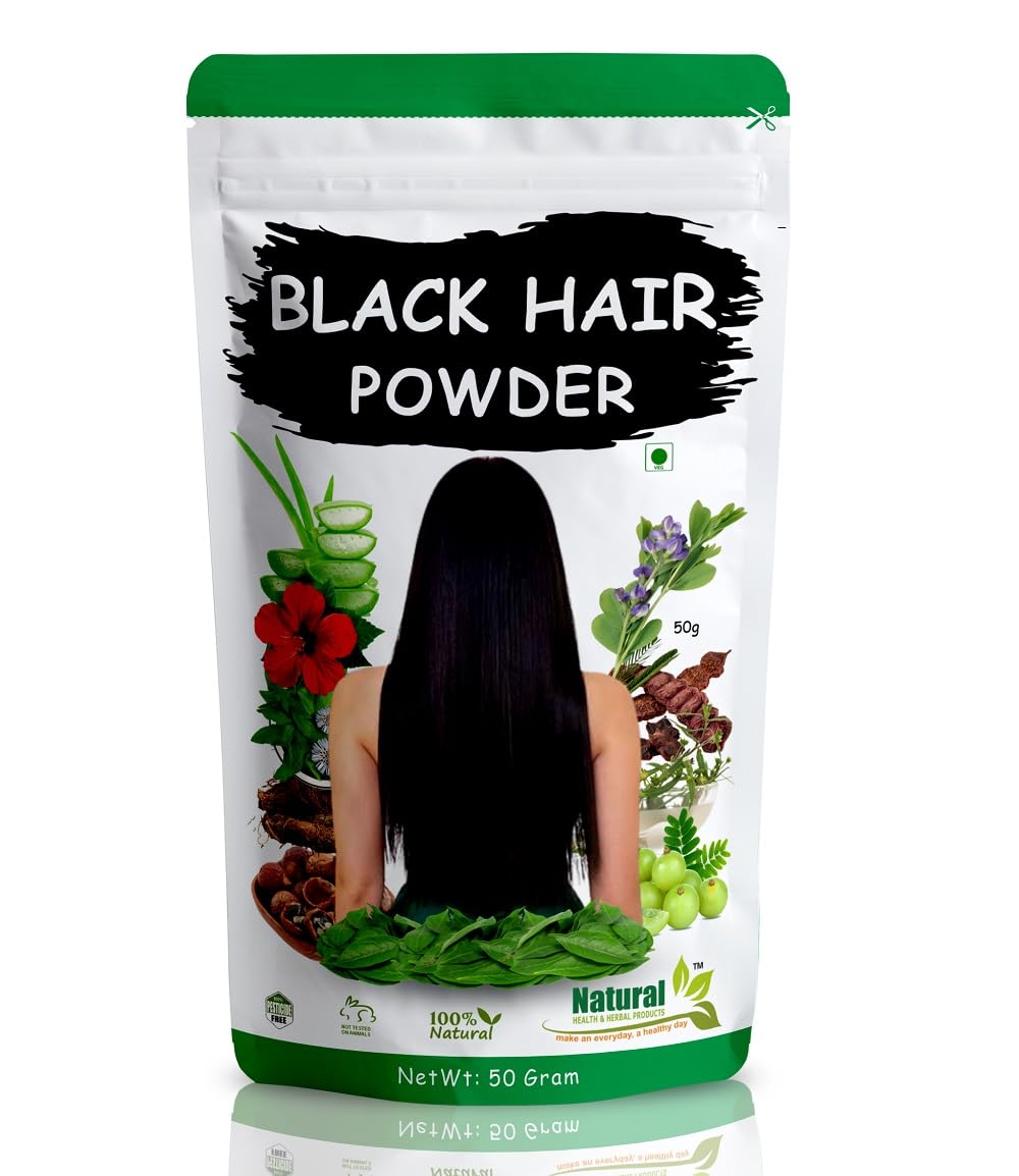 Black Hair Powder for Instant Grey Coverage, Ammonia-Free Long-Lasting Color, Enriched Henna Herbal Natural Hair Color Power for Women/Men All Hair Types - 50g Pack