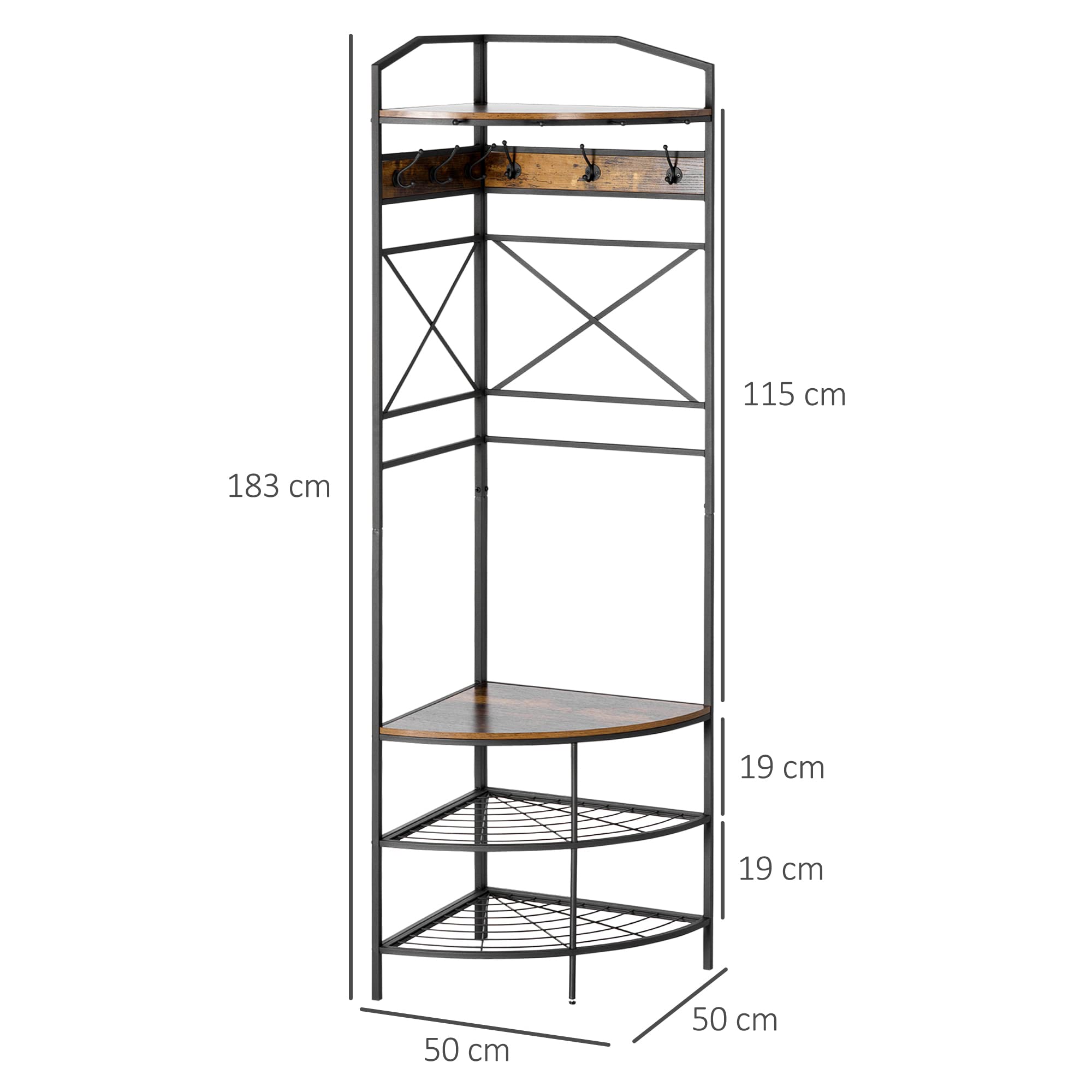HOMCOM Attaccapanni da Terra con Ganci, Mobile Ingresso Appendiabiti da Terra Angolare con Panca e Scarpiera, Mensola in Stile Industriale, 50x50x183cm, Marrone