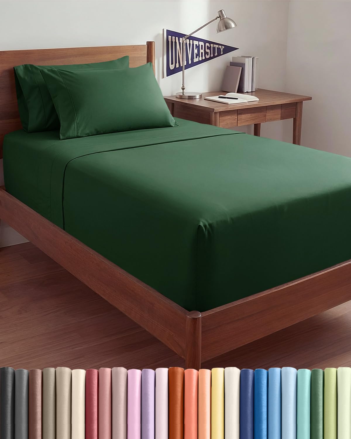 Extra Deep Twin XL Sheet Set - 4 Piece College Dorm Room - Emerald Green โ image 1