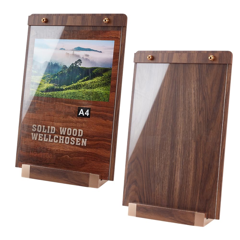 OLYCRAFT 2 Sets Acrylic Sign Holder 8.9x13.6 Inch Tabletop Display Sign Holder Stand Up Sign Holders Rectangle Vertical Paper Holders with Wood Board for Store Restaurant Menu Display
