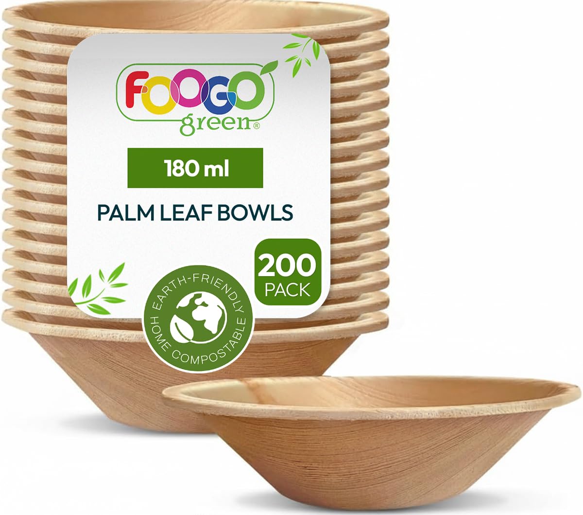 FOOGO Green 200pcs Disposable Palm Leaf Bowls 5" (12cm) Round 180ml (6oz), for Dips, Sauce & Dessert, Eco Friendly Biodegradable Like Wooden and Paper Bowls