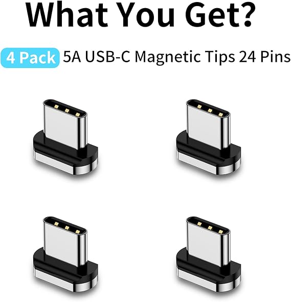 磁気コネクターチップヘッド 24ピン USB-C Androidデバイス用 4パック 100W磁気USB-CアダプターUSB3.1のみに対応