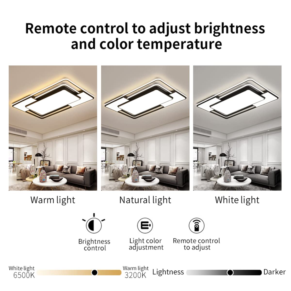 150W LED Deckenleuchte voll dimmbar mit Fernbedienung 3000-6000K | Rechteckige Deckenleuchte aus Metall, modern Lampe für Wohnzimmer Schlafzimmer Büro,Schwarz(90x60x6cm)