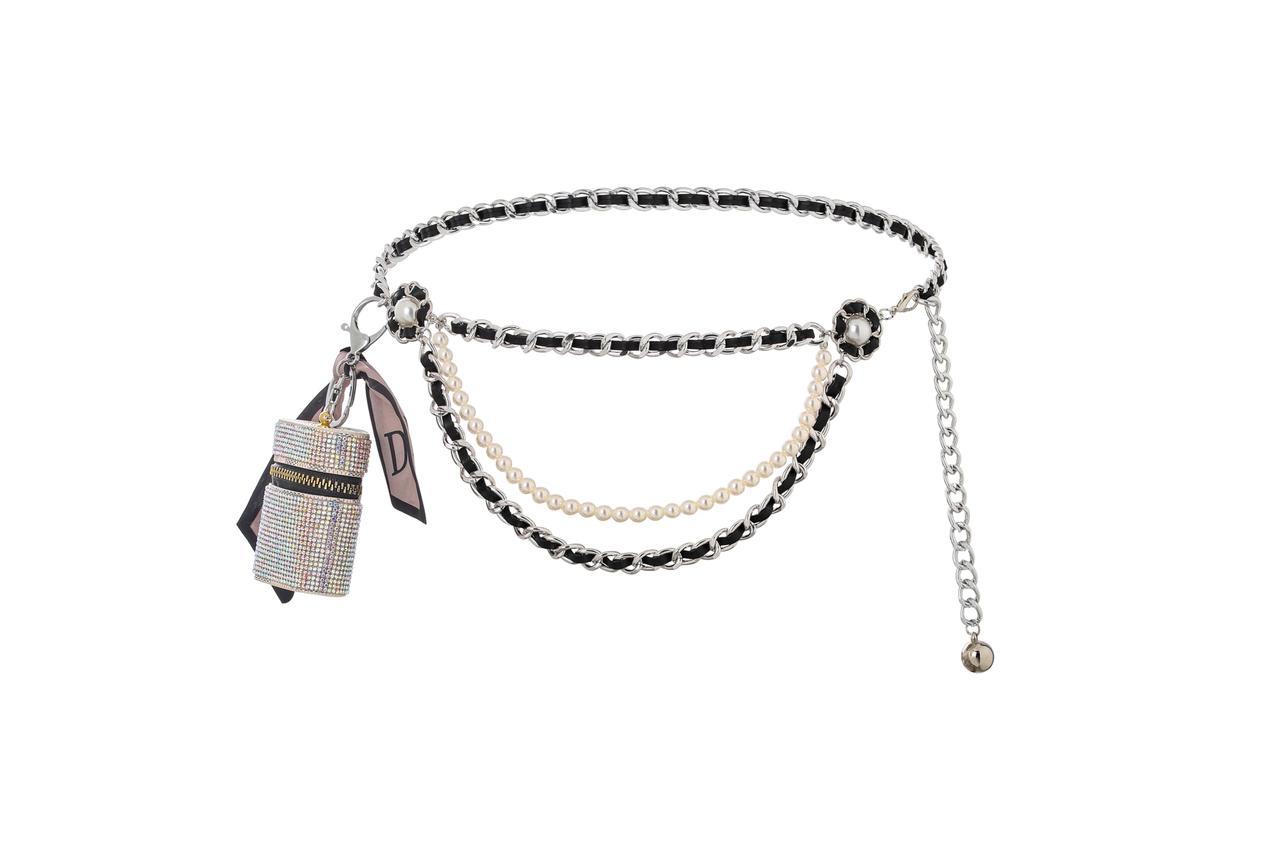 Navoky Layered Leather Waist Chain Bag Metal Belt Chain Rhinestone Mini Coin Purse Belly Chain Pouch Removable Pack Adjustable for Women and Girls (White)