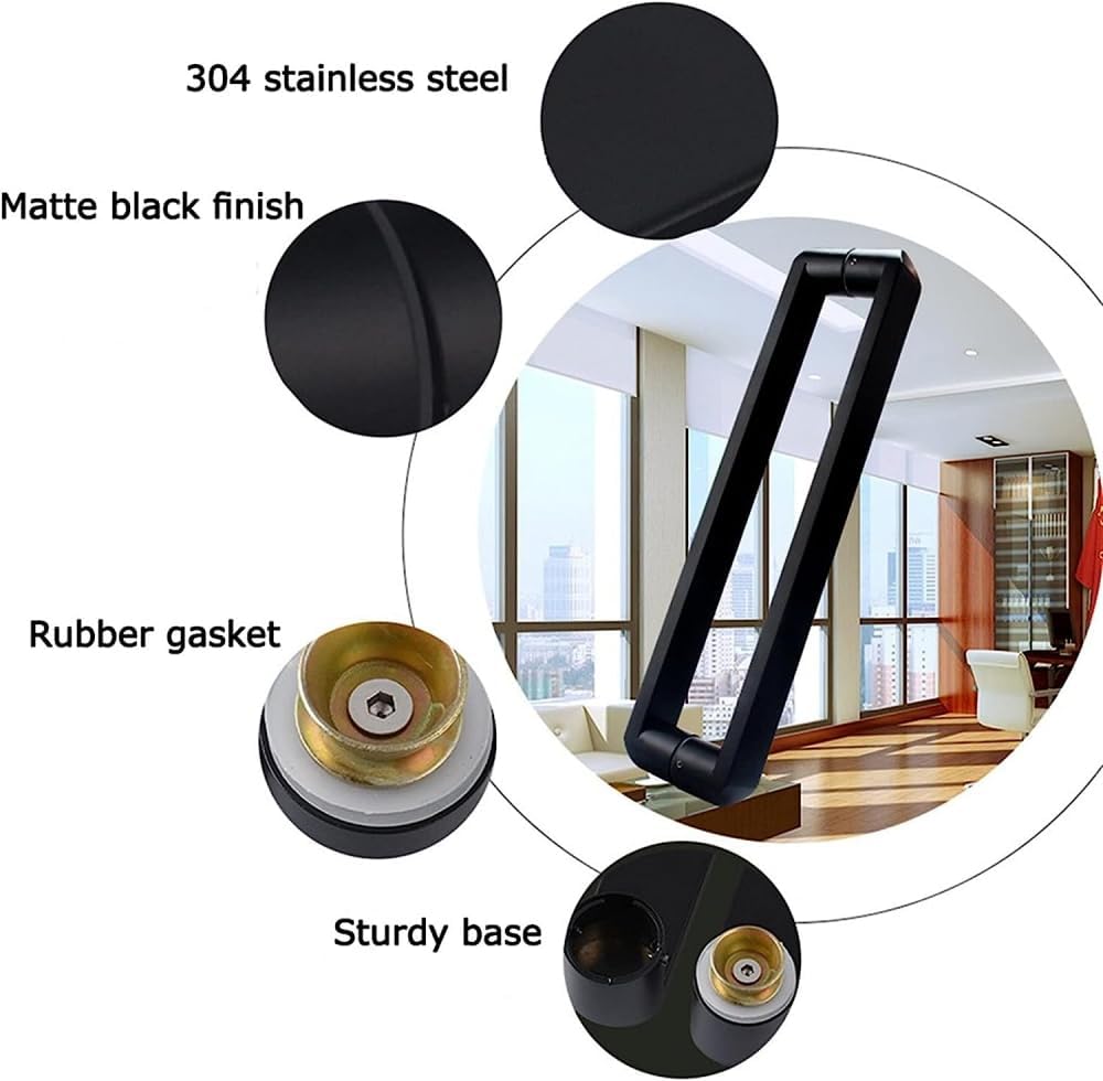 Gate Hardware 304 Stainless Steel Handle, Office Glass Door Push-Pull Door Handle/Home Hotel Bathroom Shower Room Door Handle - Black, 10 Lengths
