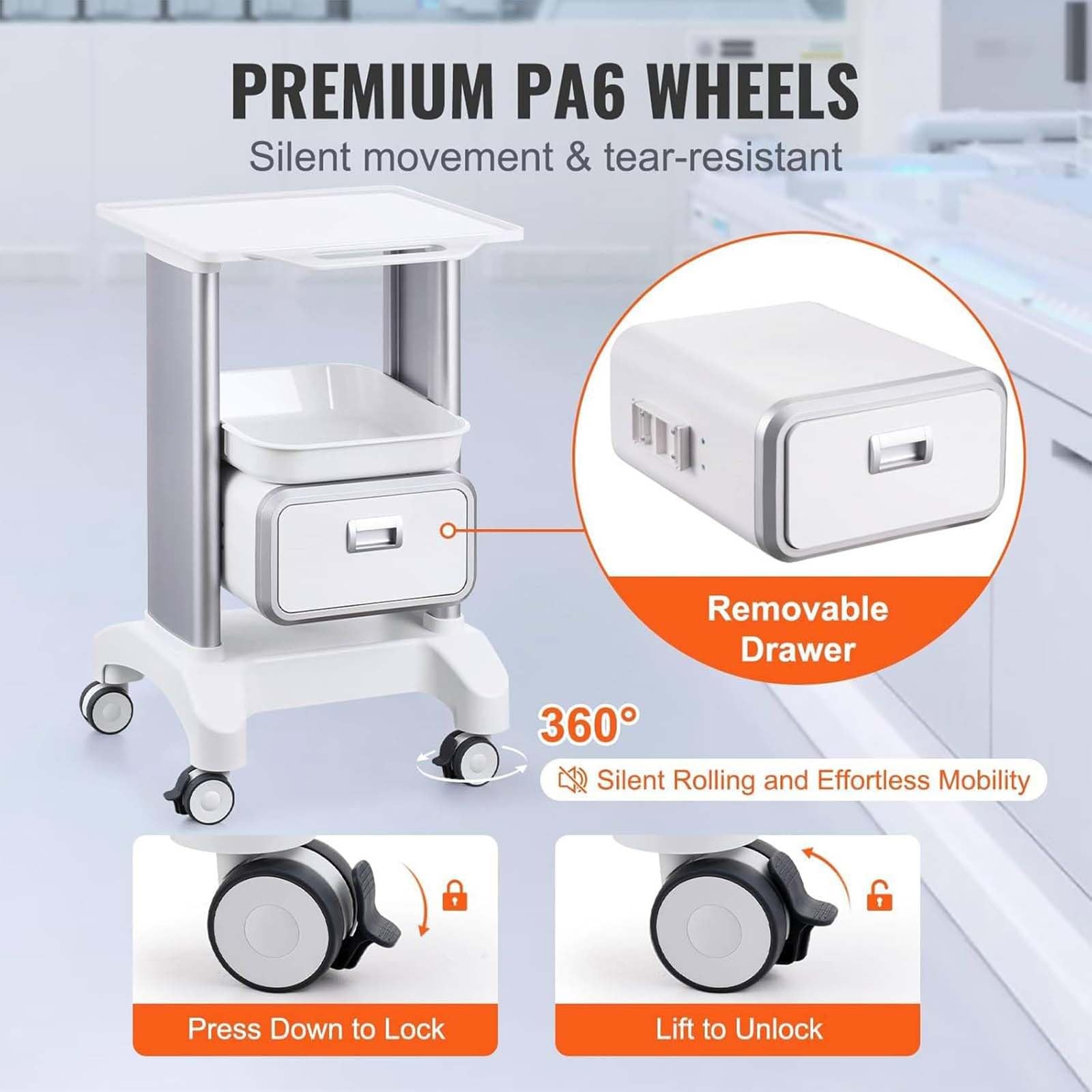 Carrello con ruote silenziose, in ABS, professionale, con cuscinetti antiscivolo, per ospedale, clinica, salone di bellezza, spa, ufficio e camera da letto