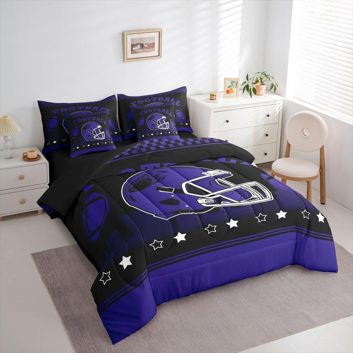 Erosebridal Football 7 Pcs Bedding Set Queen Size,Football City Comforter Set for Kids Boys Sports Ruby Bed in A Bag with Flat and Fitted Sheet,Ball Players Bed Set with Sheets Purple