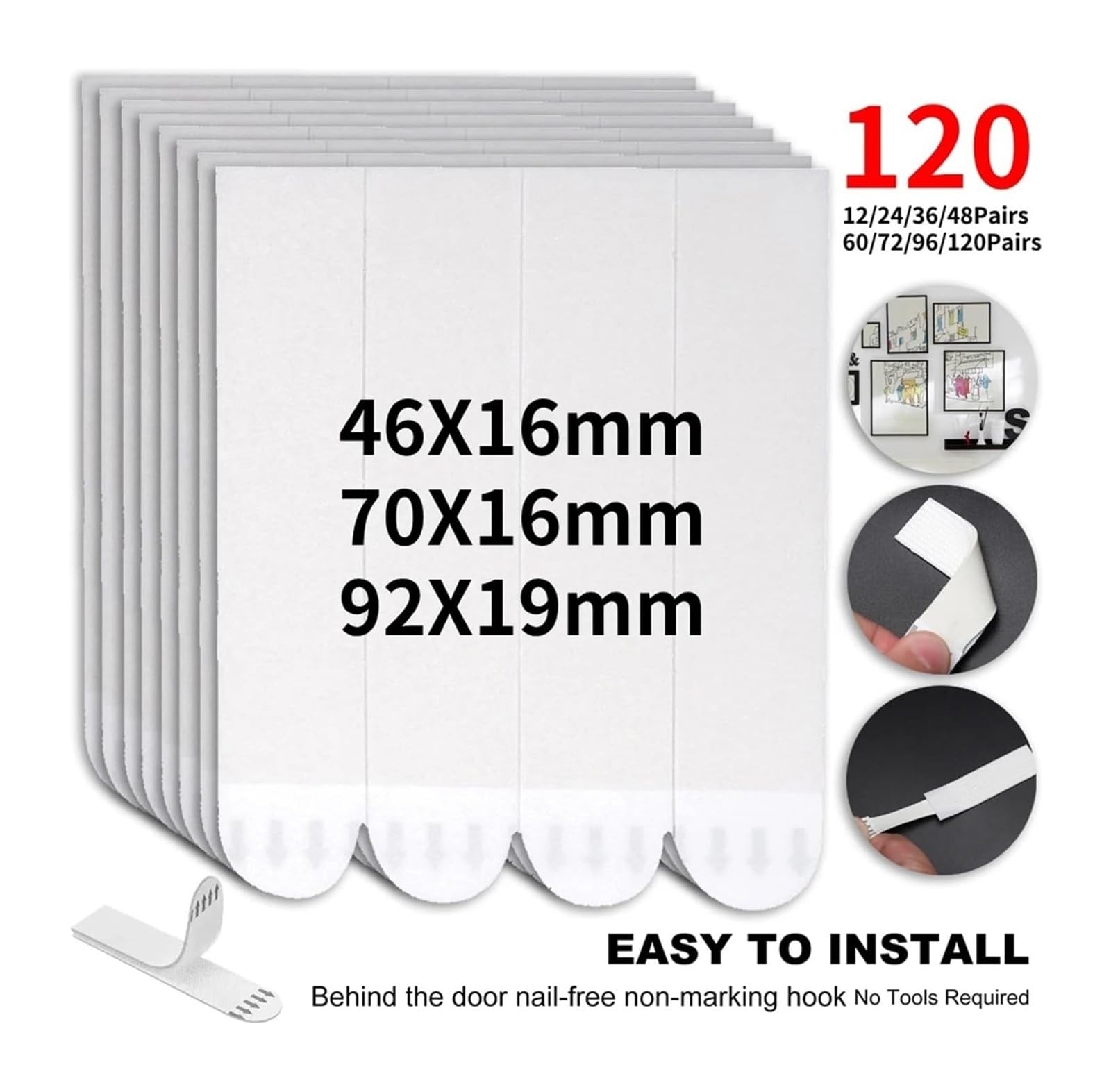 Paski do zawieszania obrazów z gumy nylonowej | Rozmiar 46x16/70x16/92x19mm, 12-120 par, bez dziurkowania, samoprzylepny Montaż: zawieszanie obrazu(120pairs,46X16mm)