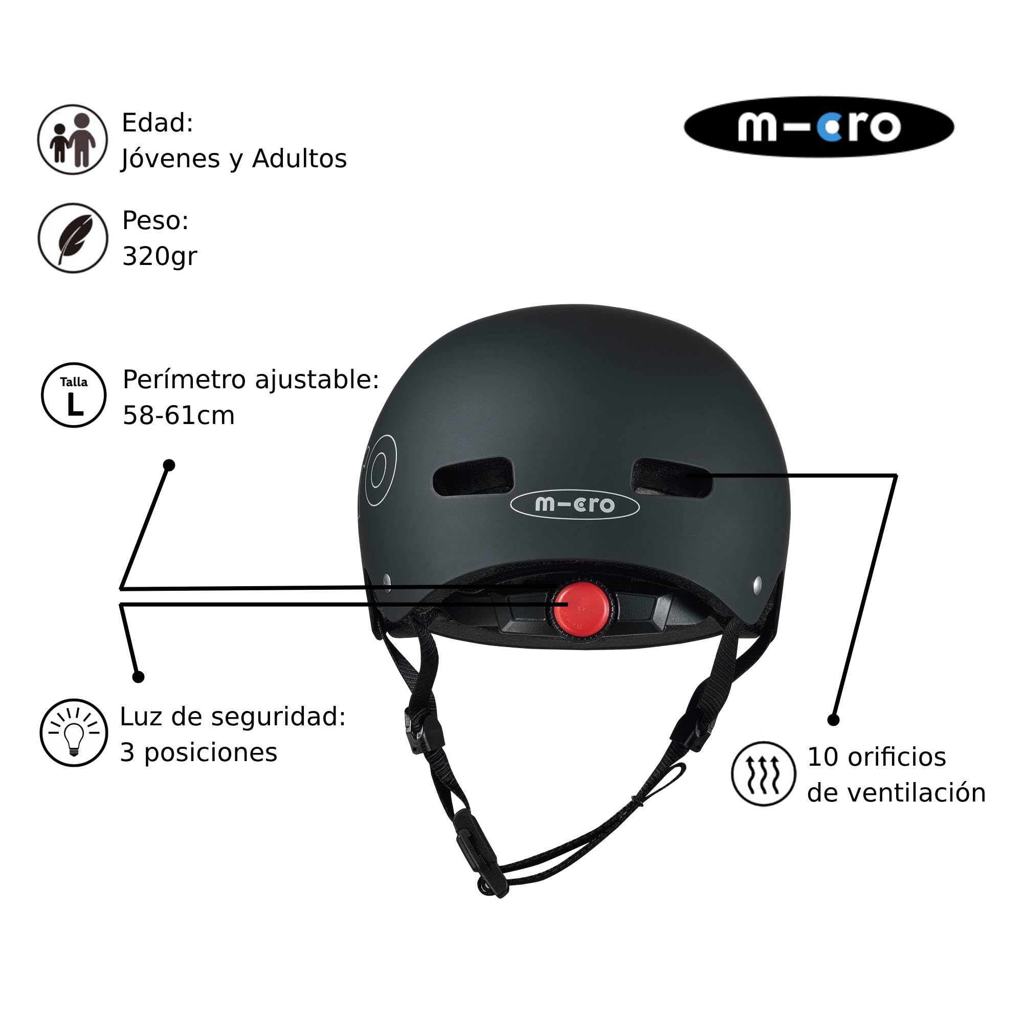 Micro® | Casco Infantil para Patinete o Bicicleta | Luz Trasera de Seguridad 3 Posiciones | Ultraligero 250 Gramos | Cierre Magnético | Niños y Niñas