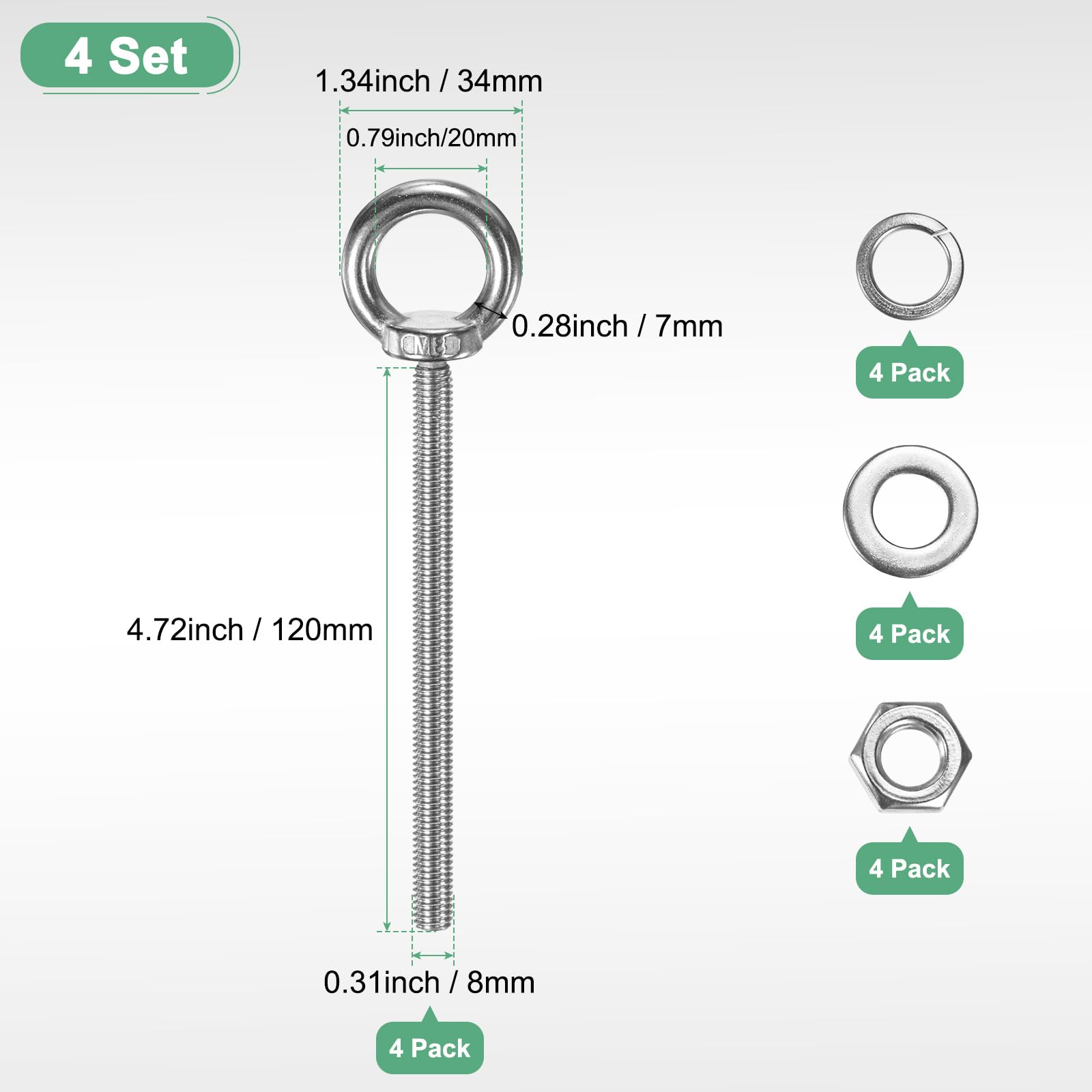 M METERXITY 4-Sets Stainless Eyebolt M8x120mm Shoulder Lifting Eye Bolt with Nuts Washers Male Screw Thread Ring Shoulder Eye Bolts Length 4.72 Inch for Suspending/Fastening - Image 3