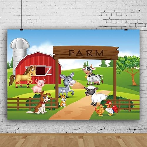 Miniatura 6 de DORCEV Fondo de fotografía de granja de dibujos animados de 5 x 3 pies, diseño de animales divertidos, temática de fiesta de granja, fondo de