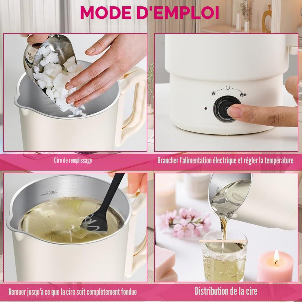 BIZOI Kit Fondoir Cire Bougie Electrique, Machine de Fonte Cire Bougie, 800ml Fondeur de cires pour la Fabrication de Bougies Inclut Thermomètre, Mèches, Autocollants, Supports et Cuillère de Mélange