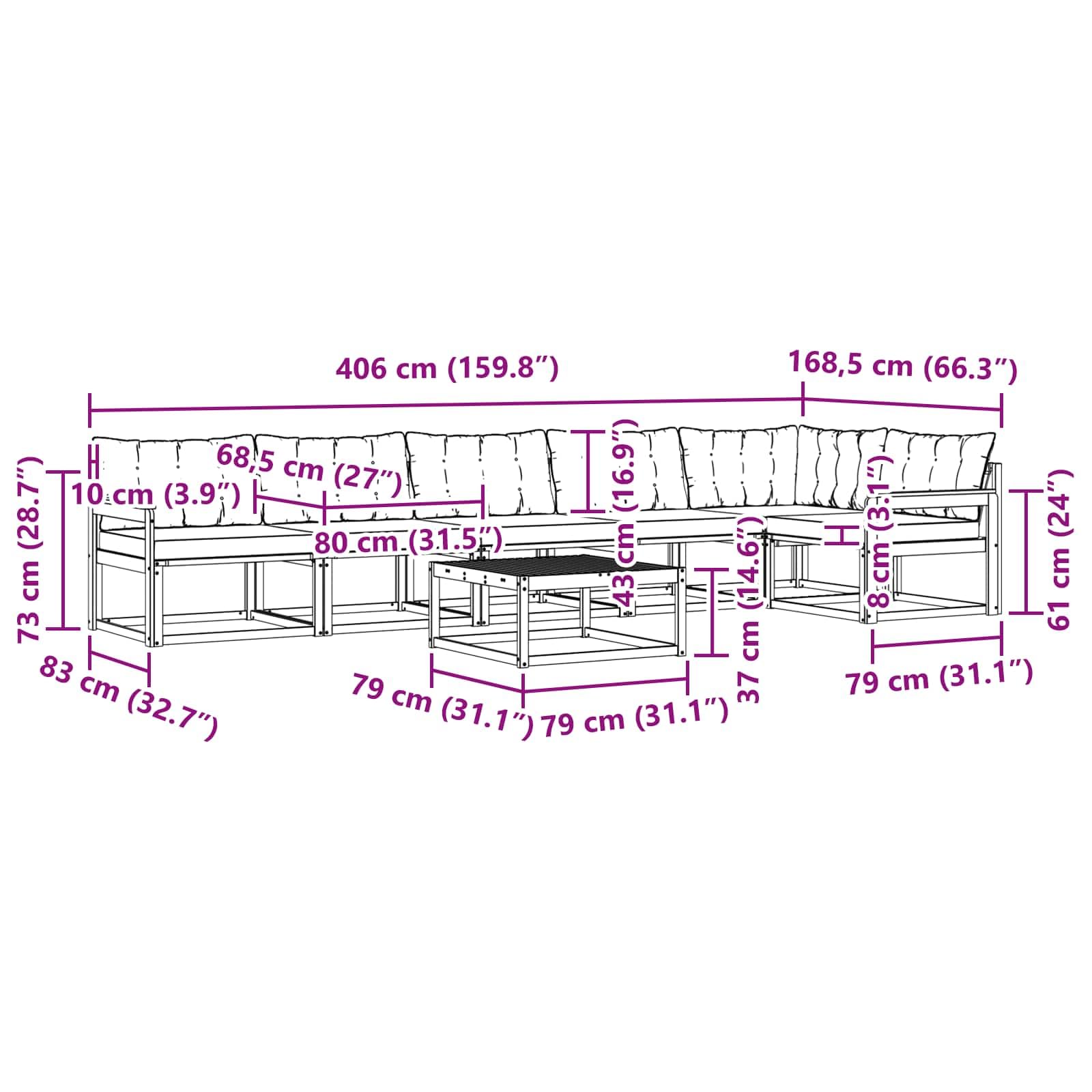 Gartenmöbelgarnitur mit 7 Teilen aus massivem Akazienholz Natur und Creme, wetterfestes Outdoor-Set mit Tisch, Sofas, Kissen für Terrasse, Balkon, Garten