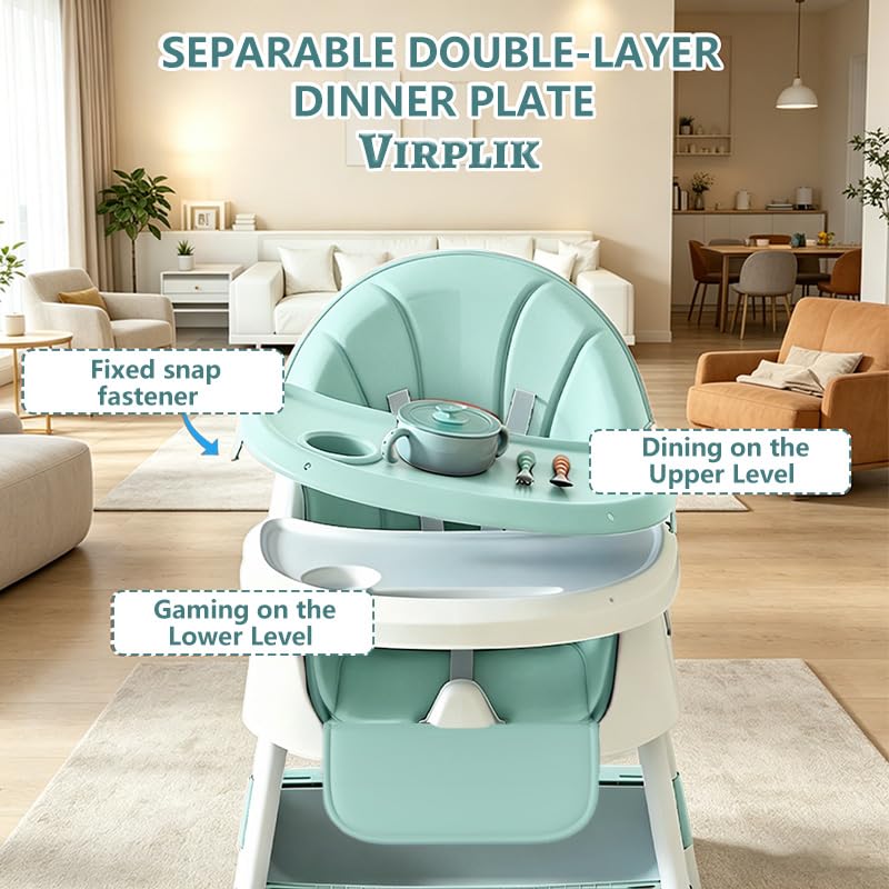 Foldable 4-in-1 Baby High Chair for Babies & Toddlers, High Chair with Detachable PU Cushion, Removable Tray, Adjustable Height, Locking Wheels,Mint Green thumbnail