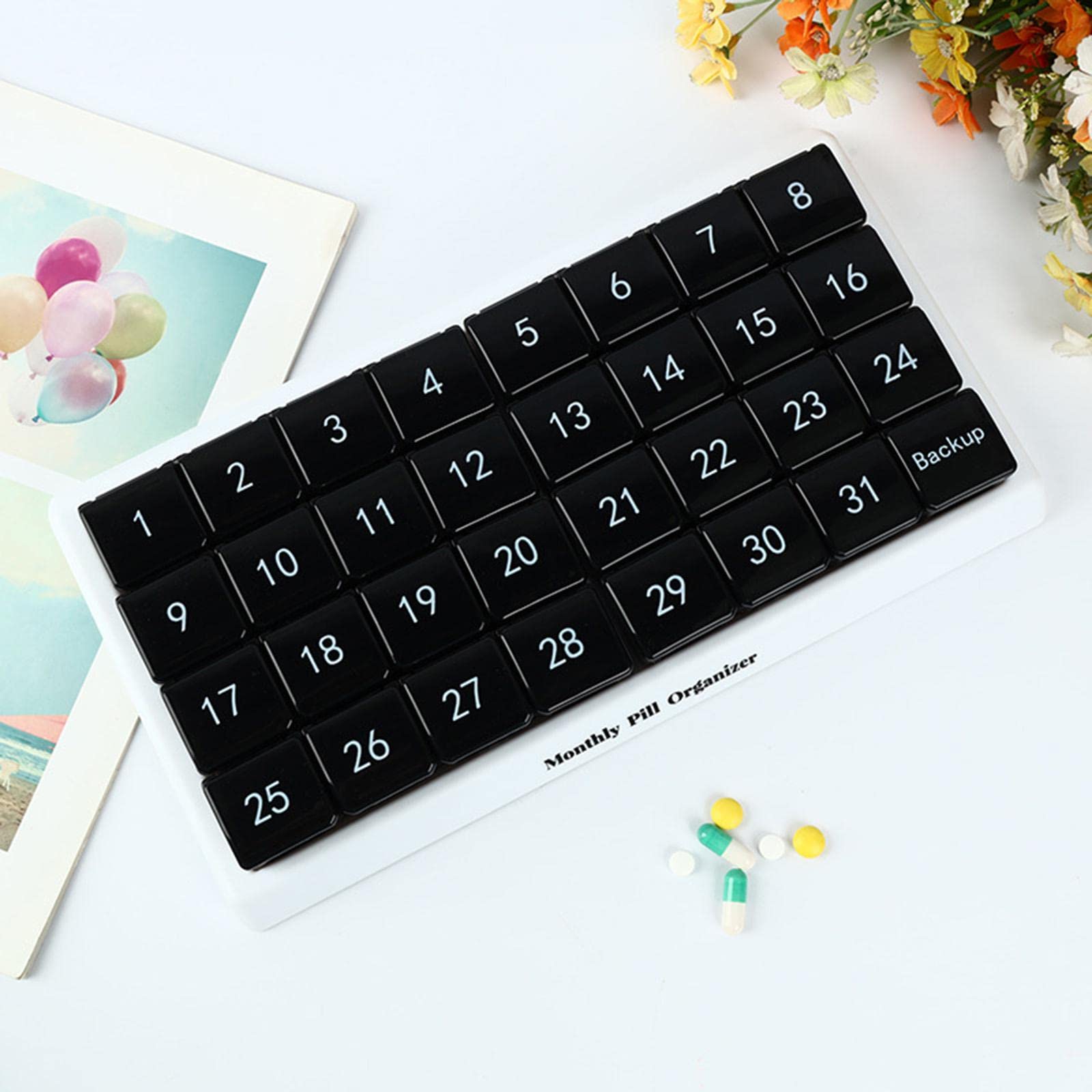 Juego de 2 pastilleros mensuales de 31 días para suplementos de viaje, vitaminas, medicamentos, color negro