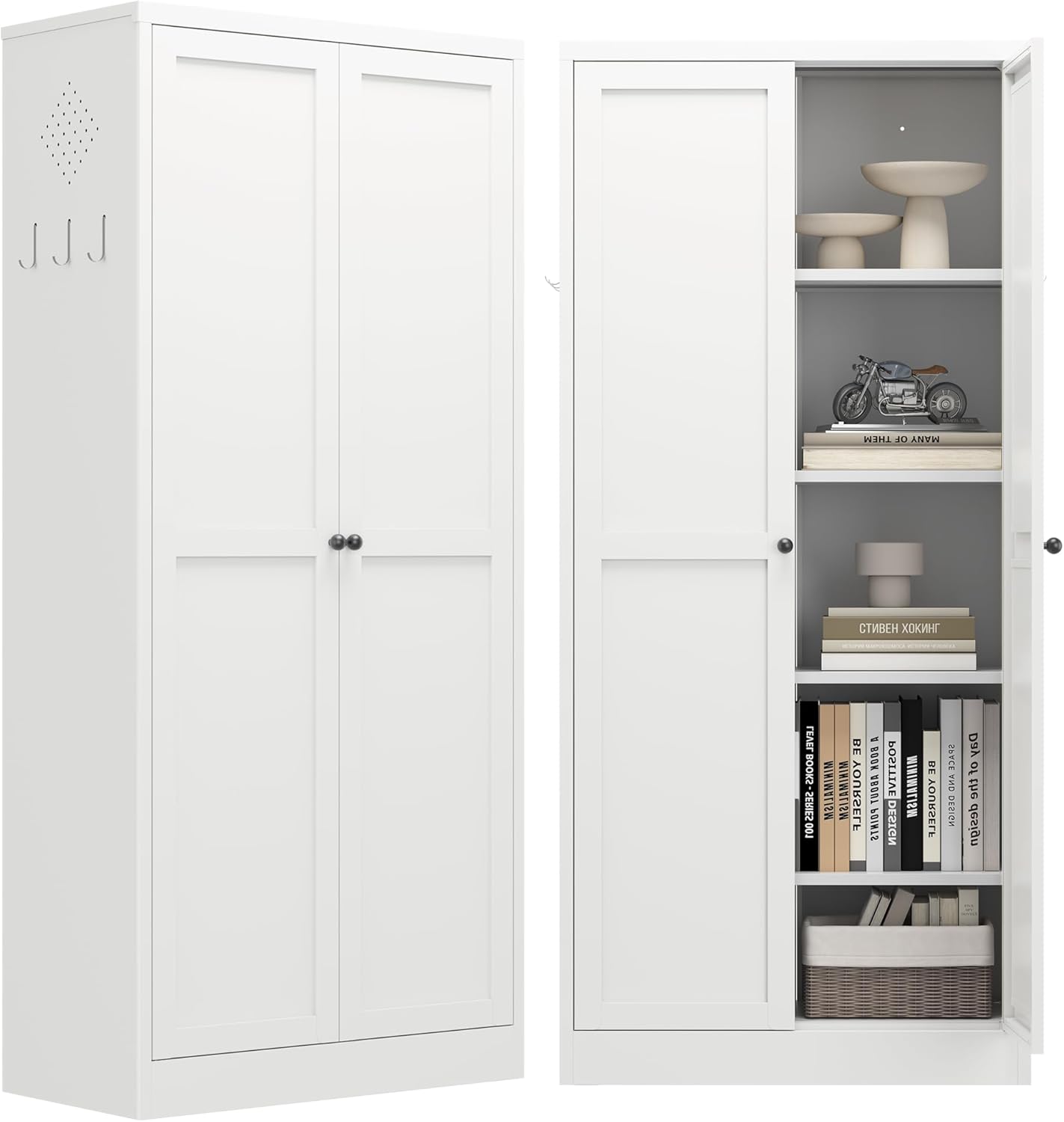Kitchen Pantry Cabinet,White Metal Pantry Cabinet with 2 Doors & 4 Adjustable Shelves,61" Farmhouse Utility Storage Cabinet Rust-Resistant for Living Room,Dining Room,Bathroom,Garage,Basement