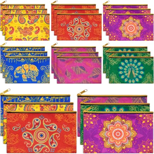 SilTriangle 24 Pcs Indian Return Gifts for Pooja Bulk Multicolor Canvas Makeup Bags with Golden Zipper Portable Travel Cosmetic Bag Pouches with Classic Indian Motifs, Wedding, Diwali Gift for Women