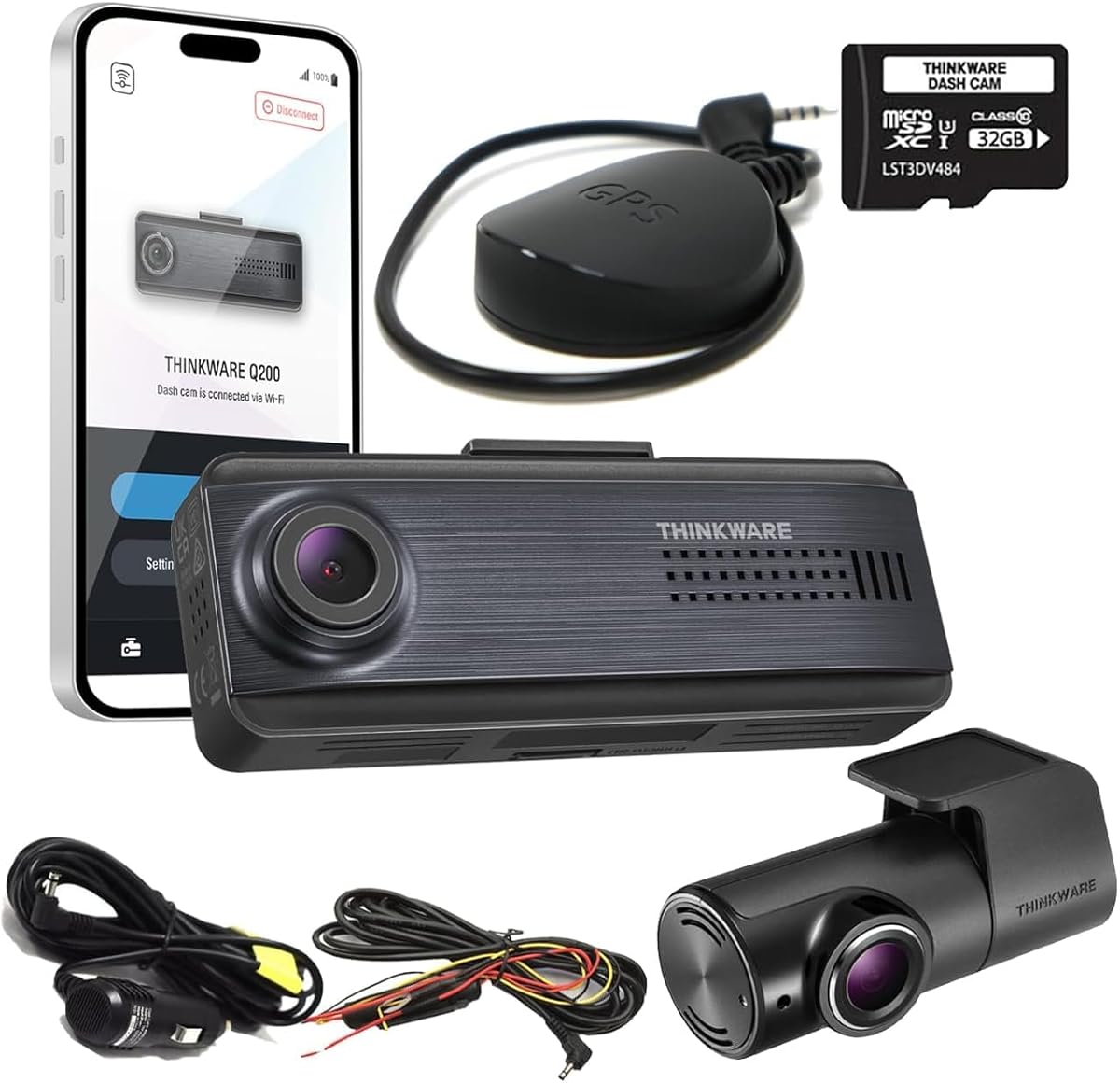 THINKWARE Q200 Dash Cam Car Dashboard Camera, WiFi, WDR, Speed Red Light Alerts, ADAS, 256GB Max, Parking Monitor, Night Vision (32GB MicroSD, 12V Cigar, Hardwiring Cable) (2CH Front &amp; Rear)