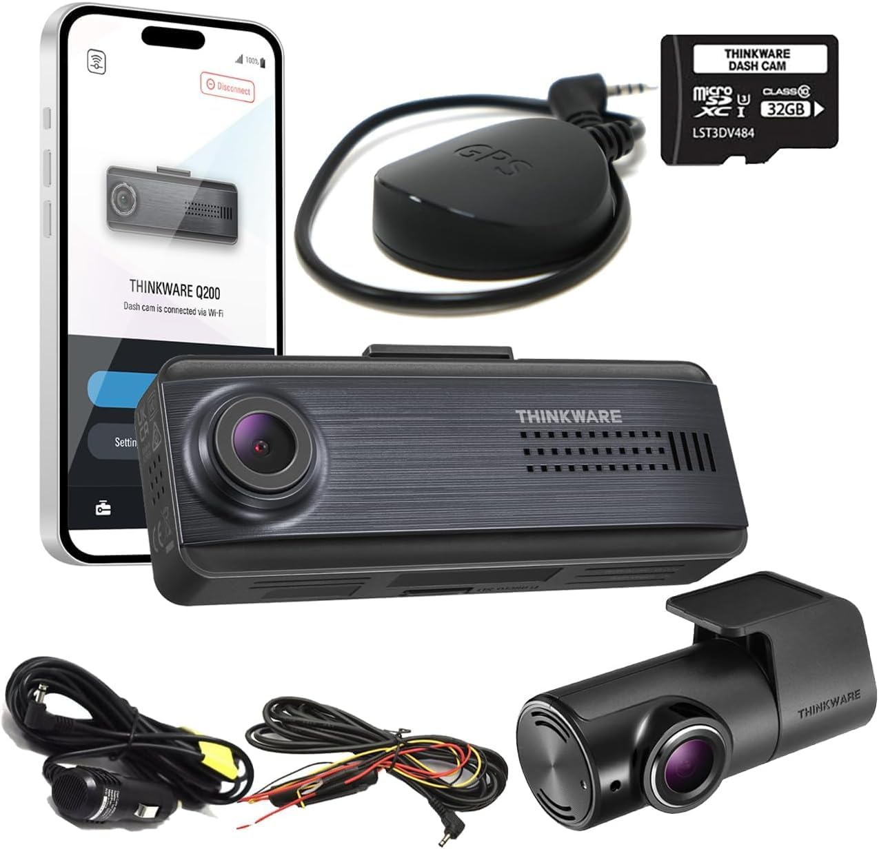 THINKWARE Q200 Dash Cam Car Dashboard Camera, WiFi, WDR, Speed Red Light Alerts, ADAS, 256GB Max, Parking Monitor, Night Vision (32GB MicroSD, 12V Cigar, Hardwiring Cable) (2CH Front & Rear)