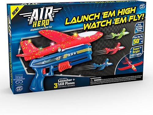 Ontel Air Hero - Juguete lanzador de aviones con luces LED, divertido juguete para exteriores incluye 3 aviones y 1 lanzador, juguete para niños