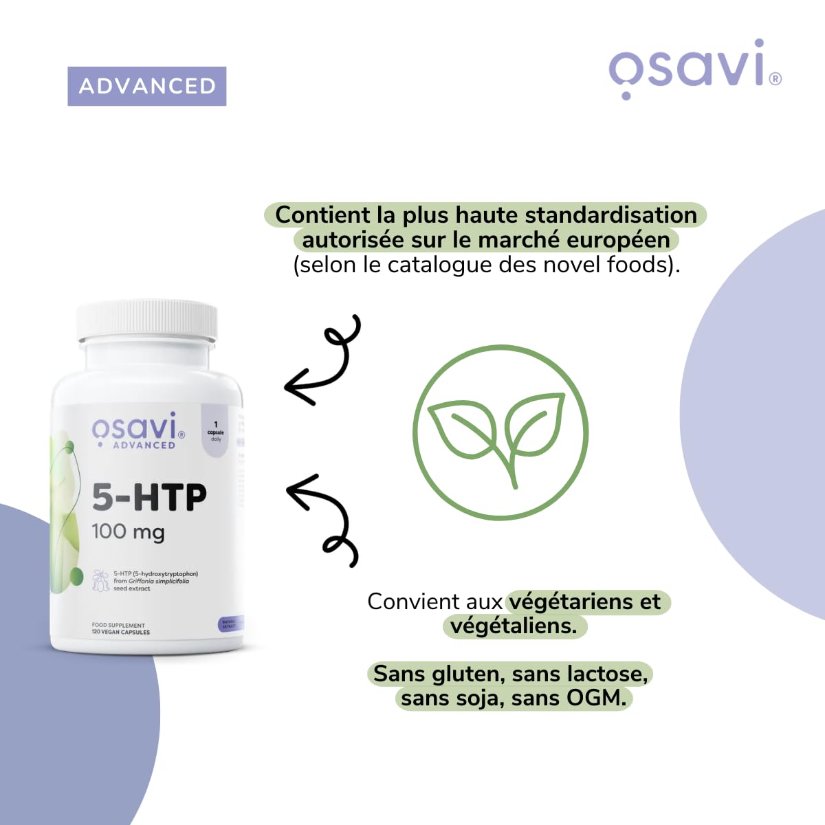 Osavi 5-HTP 100 mg – 200 Gélules Végétales | Extrait de graines de Griffonia simplicifolia | Standardisé à 30% 5-Hydroxytryptophane | Précurseur naturel de la sérotonine | Clean Label