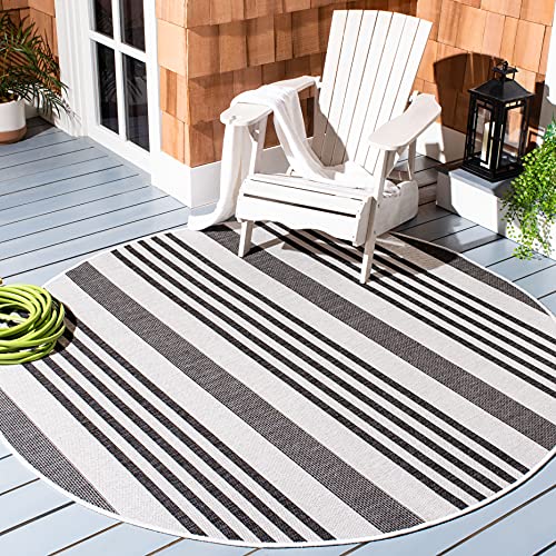 SAFAVIEH Beach House Collection 8' Round Grey/Charcoal BHS222F Modern Farmhouse Stripe Indoor/ Outside Non-Shedding Easy Patio Backyard Porch Deck Mudroom Area Mat