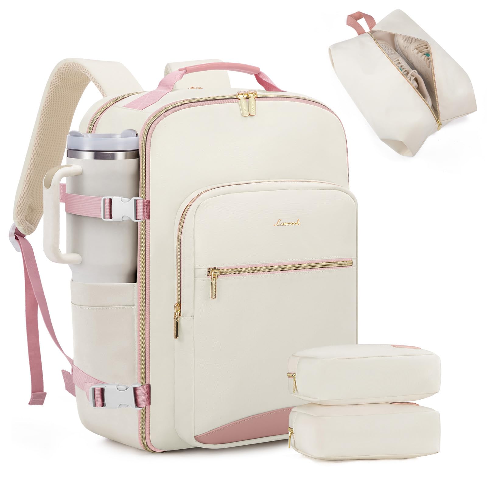 - LOVEVOOK 40L Large Travel Backpack for Women Men, 17 Inch Carry on Backpack for Traveling on Airplane, Personal Item Travel Bag Airline Approved, Business Causal Weekender Backpack, Beige-Pink