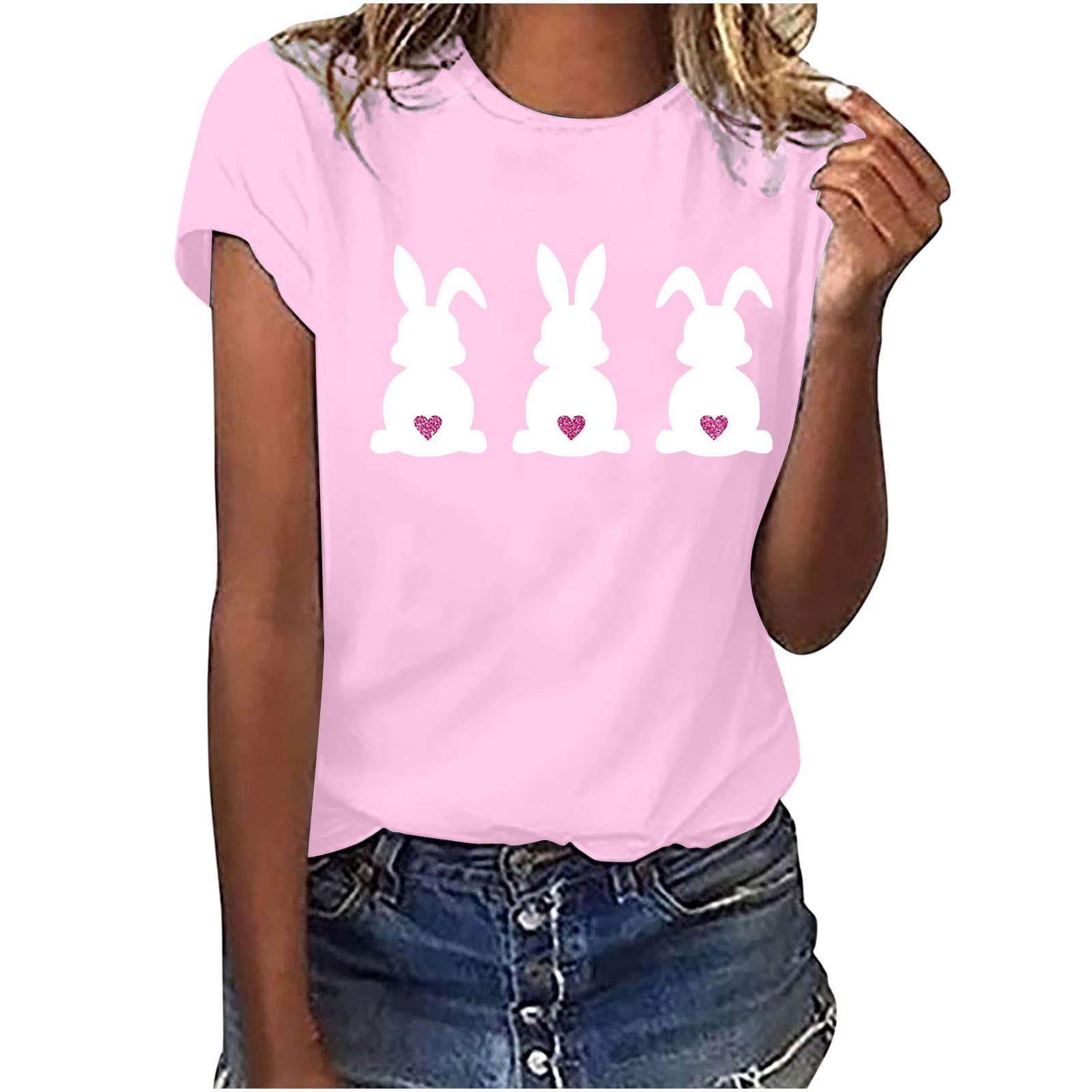 QUNPIUShirts for Women Cute Bunny Shirt Funny Easter Graphic Casual Holiday Tops Trendy Summer Simple Basic Tees Pullover